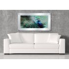 Peacock Bird Feathers Artistic Image, Acrylic Glass Standoff Wall Art, Satin White Glass Etched Frame, Reflective Mirror 3D Imaging 