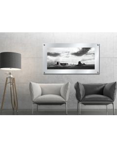 Desert Canyon Black and White Artistic Image, Acrylic Glass Standoff Wall Art, Satin White Glass Etched Frame, Reflective Mirror 3D Imaging