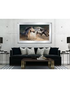 Caballus Horses Running Wild Artistic Image, Acrylic Glass Standoff Wall Art, Satin White Glass Etched Frame, Reflective Mirror 3D Imaging