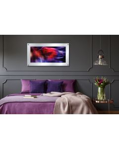 Fuego Purple Red Abstract Artistic Image, Acrylic Glass Standoff Wall Art, Satin White Glass Etched Frame, Reflective Mirror 3D Imaging